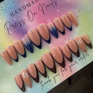 Medium stiletto Press on nails rhinestones ombre glitter French tip butterflies